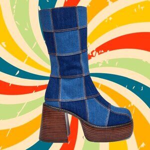 Platform Block Heel Denim Mid-Calf Boots - Blue